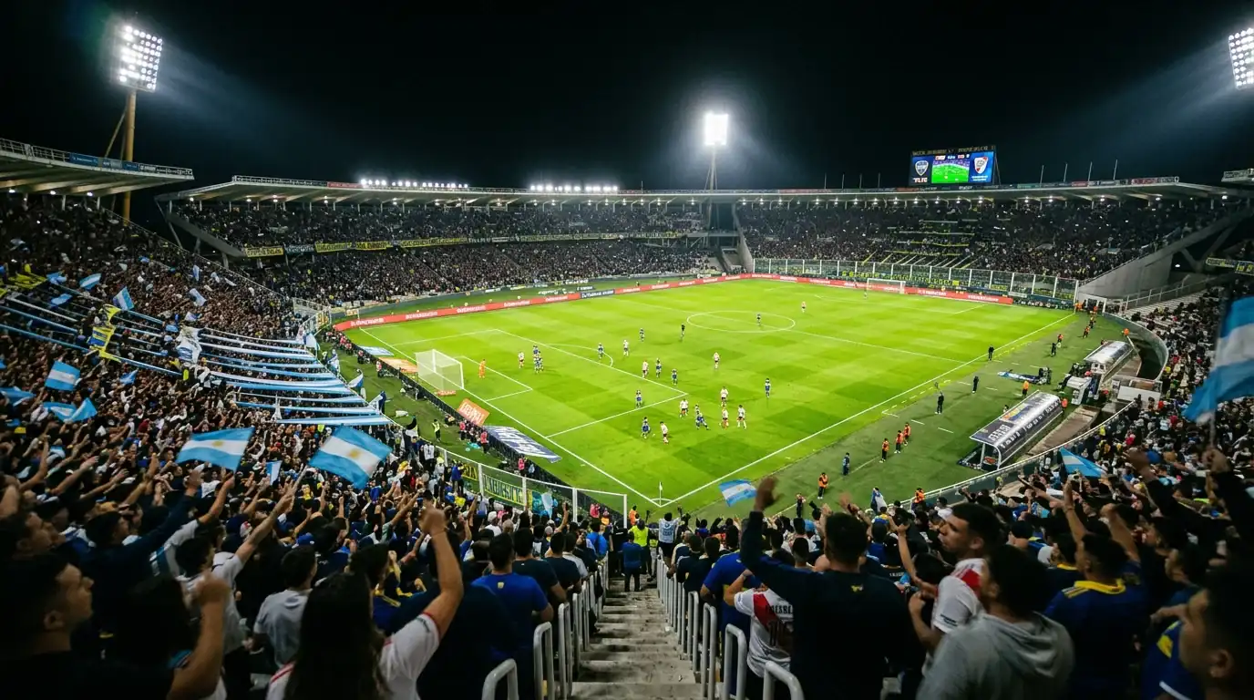 Hinchada en un estadio argentino durante un partido nocturno de la Liga Profesional